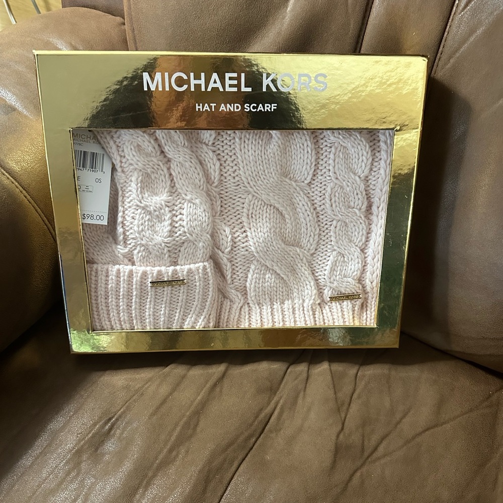 Michael Kors Blush Cable Knit Hat and Scarf Set